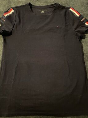 Tommy Hilfiger Black Short-Sleeve Tee with Red & White Stripe Sleeve Detail